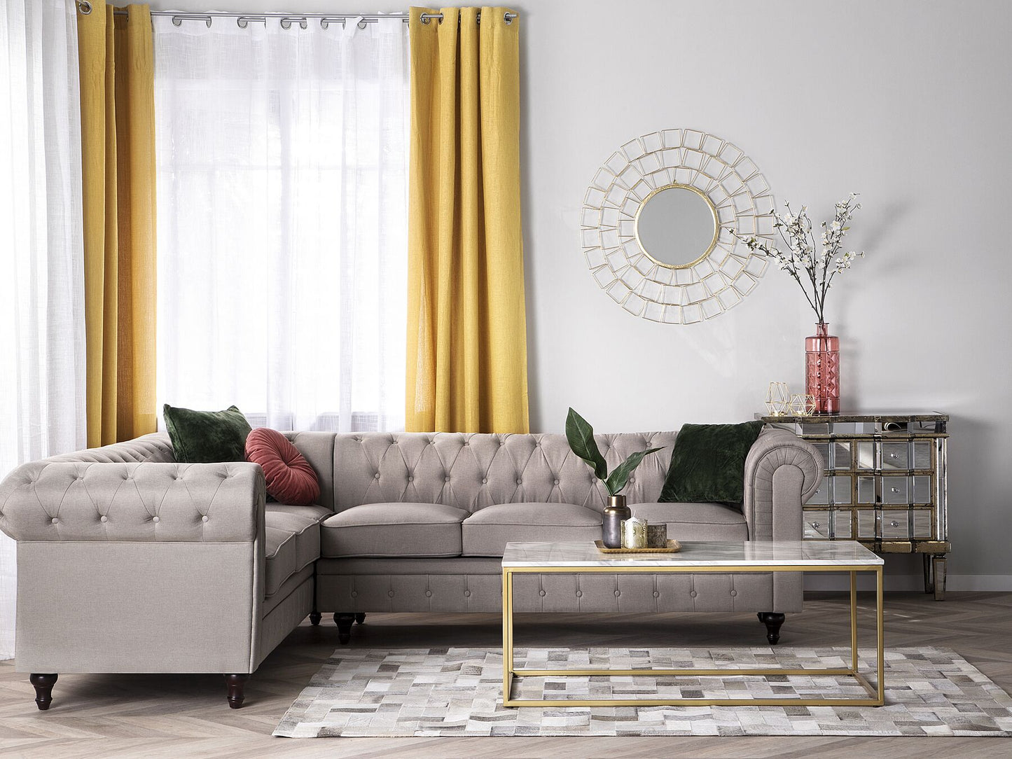 Right Hand Fabric Corner Sofa Beige CHESTERFIELD