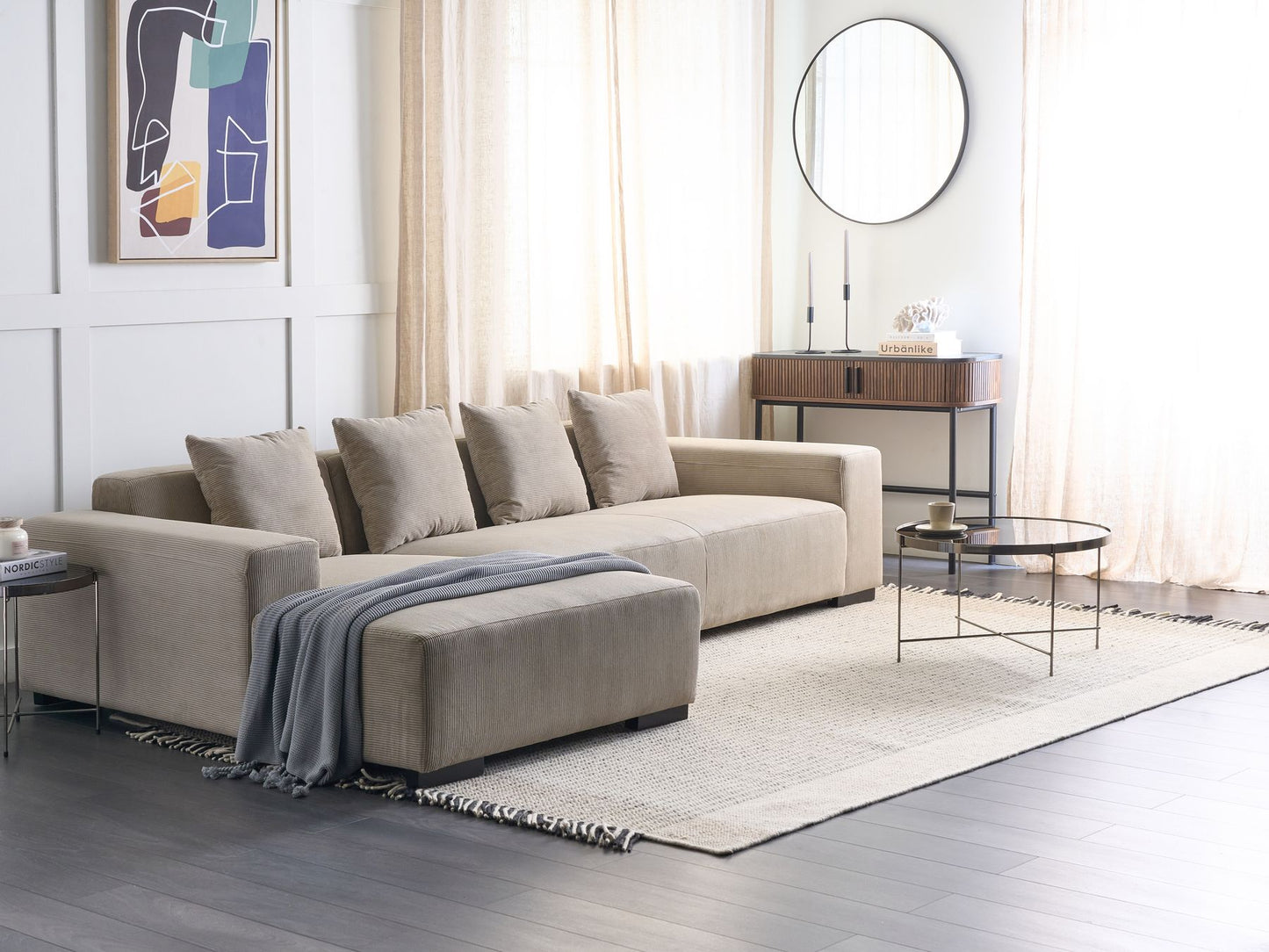 Right Hand Jumbo Cord Corner Sofa Beige LUNGO