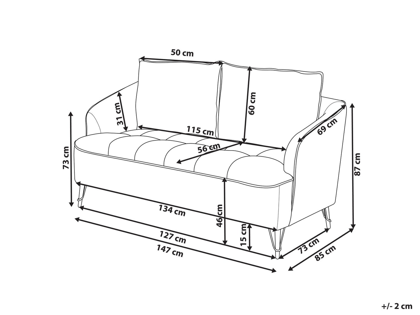2 Seater Fabric Sofa Grey HOBRO