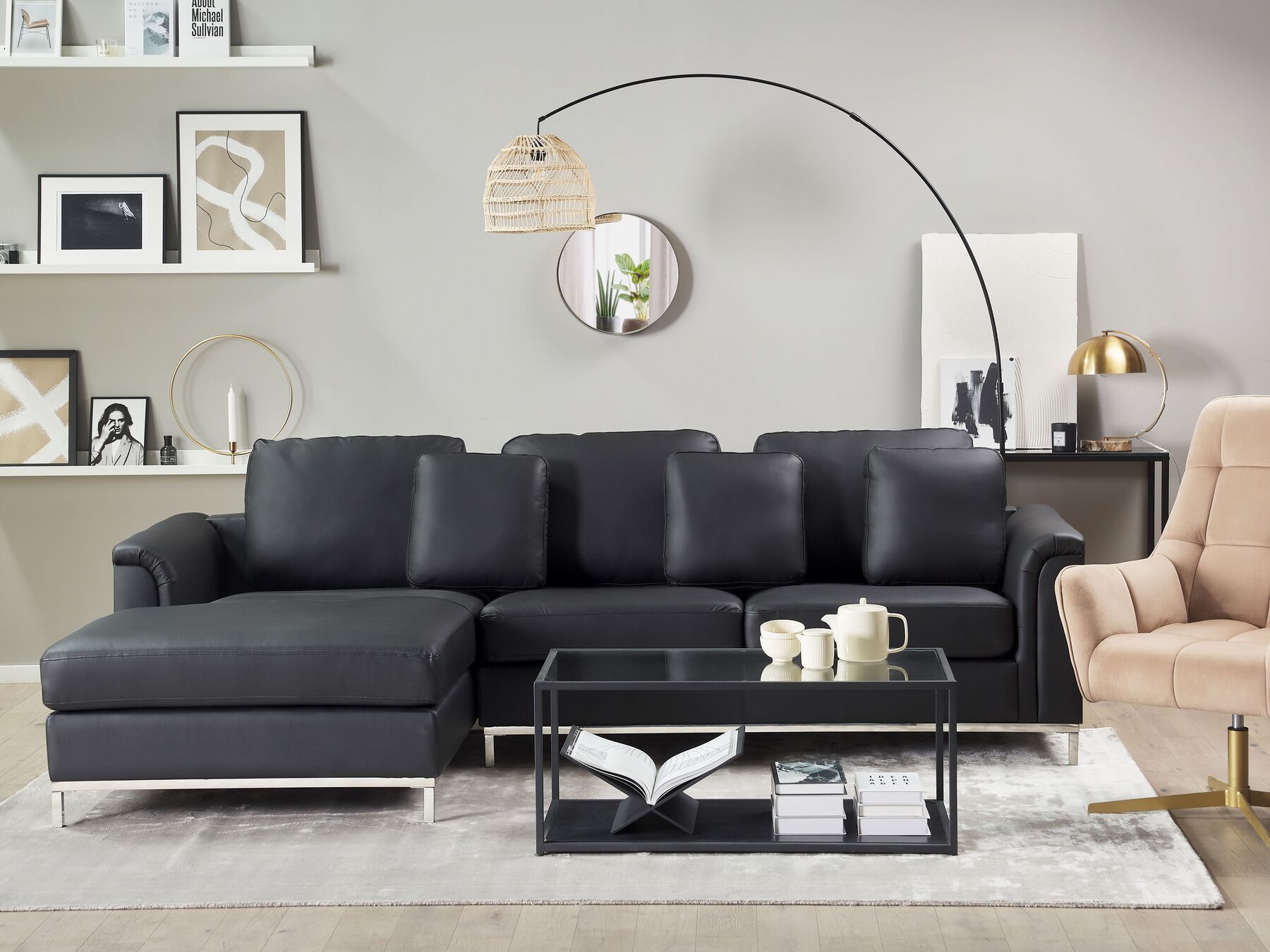 Right Hand Leather Corner Sofa Black OSLO