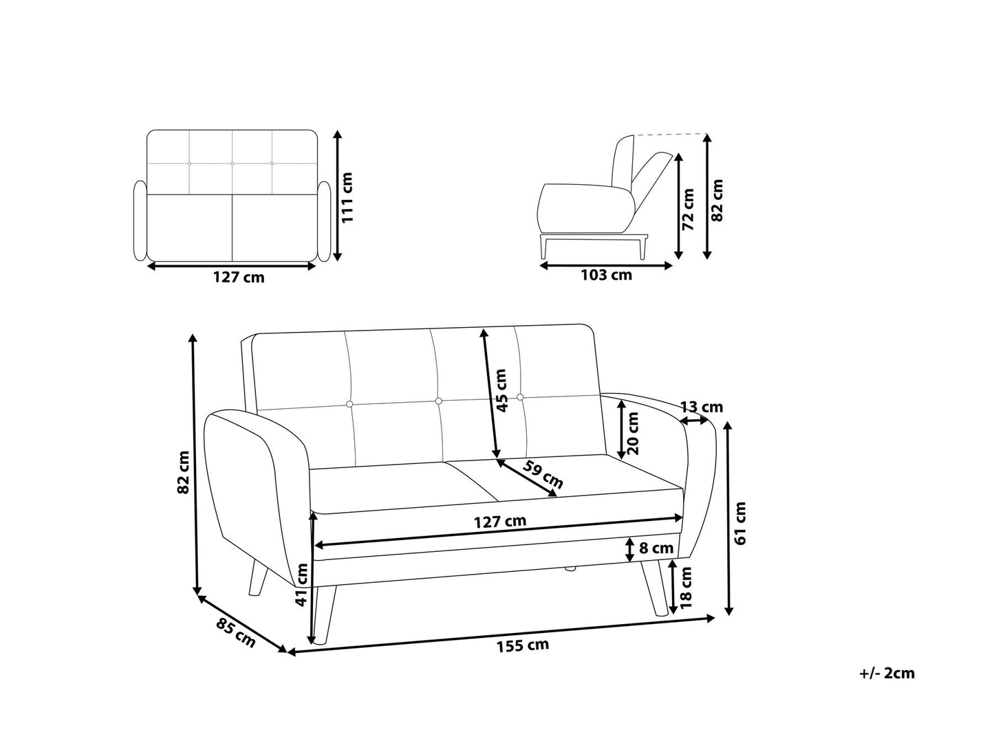 2 Seater Fabric Sofa Bed Black FLORLI