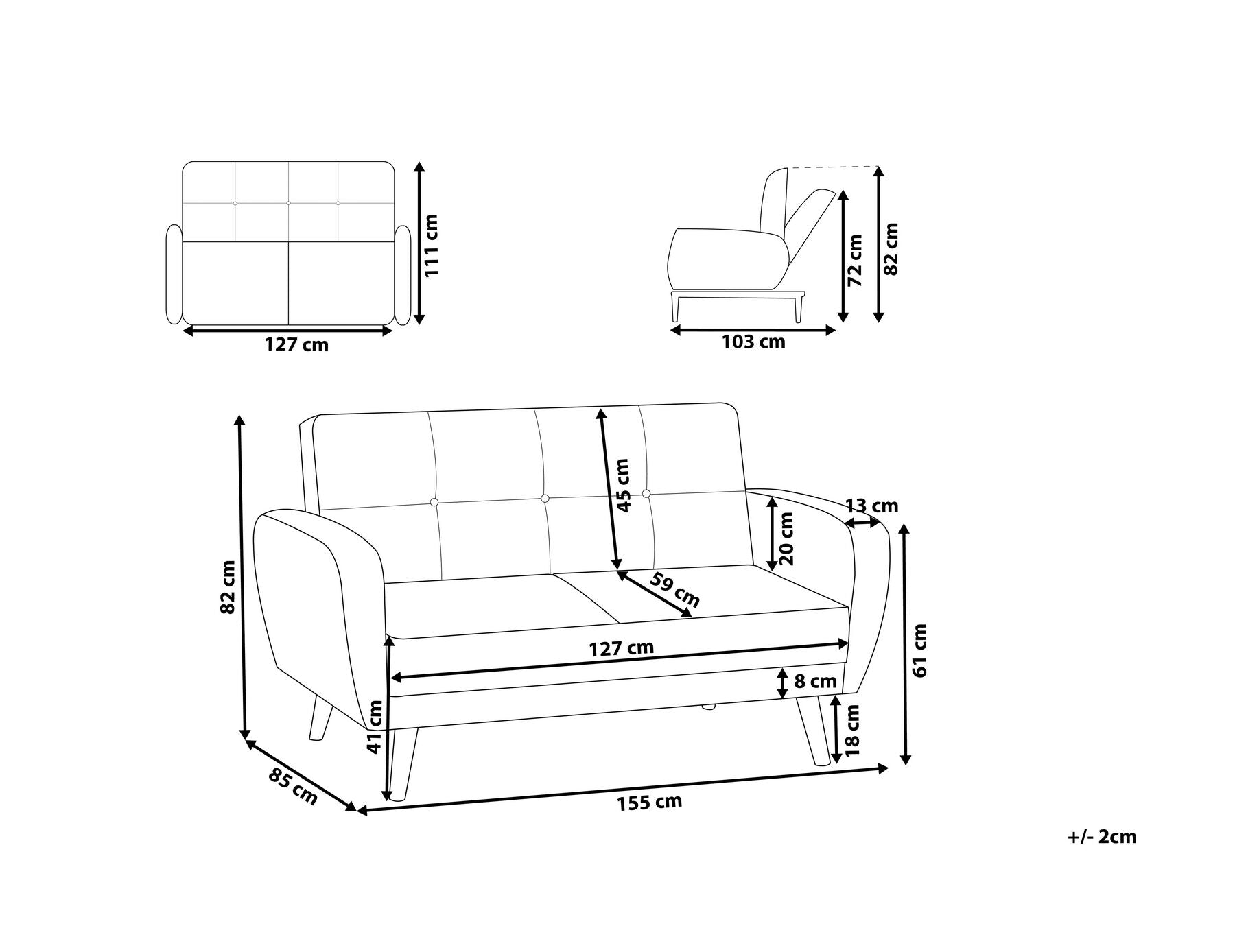 2 Seater Fabric Sofa Bed Grey FLORLI