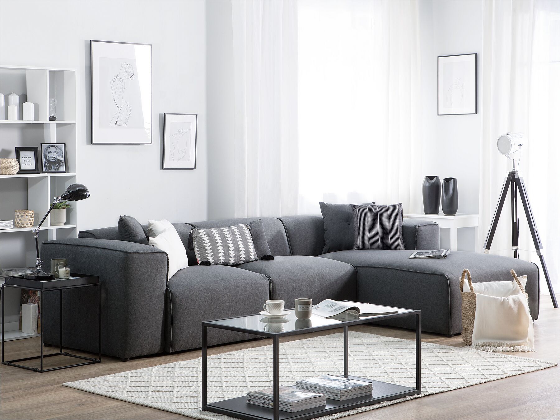 Left Hand Fabric Corner Sofa Dark Grey DOLVA