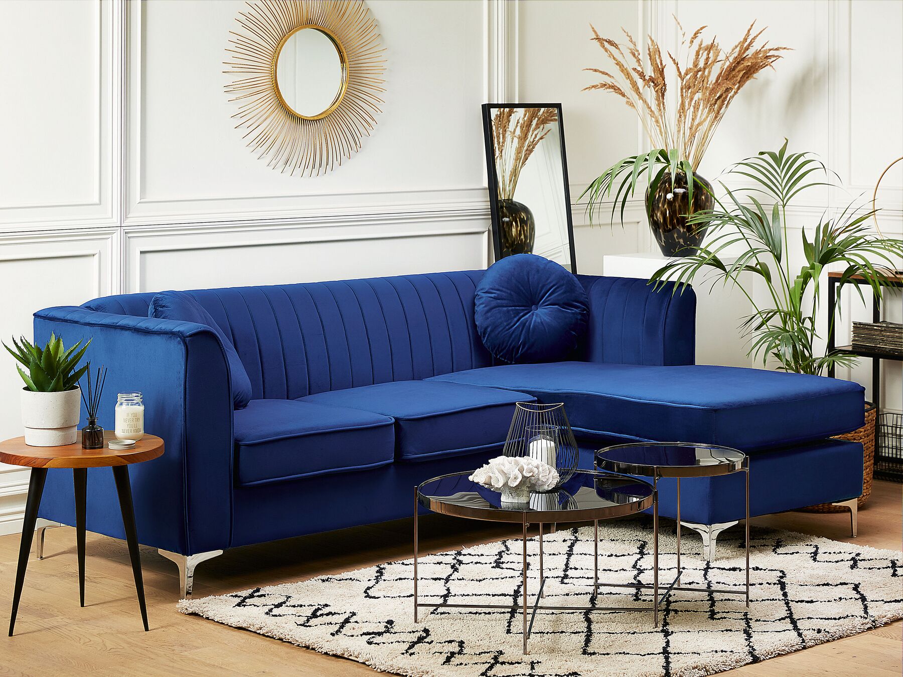 Left Hand Velvet Corner Sofa Navy Blue TIMRA