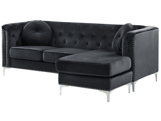 Left Hand Velvet Corner Sofa Black FLEN