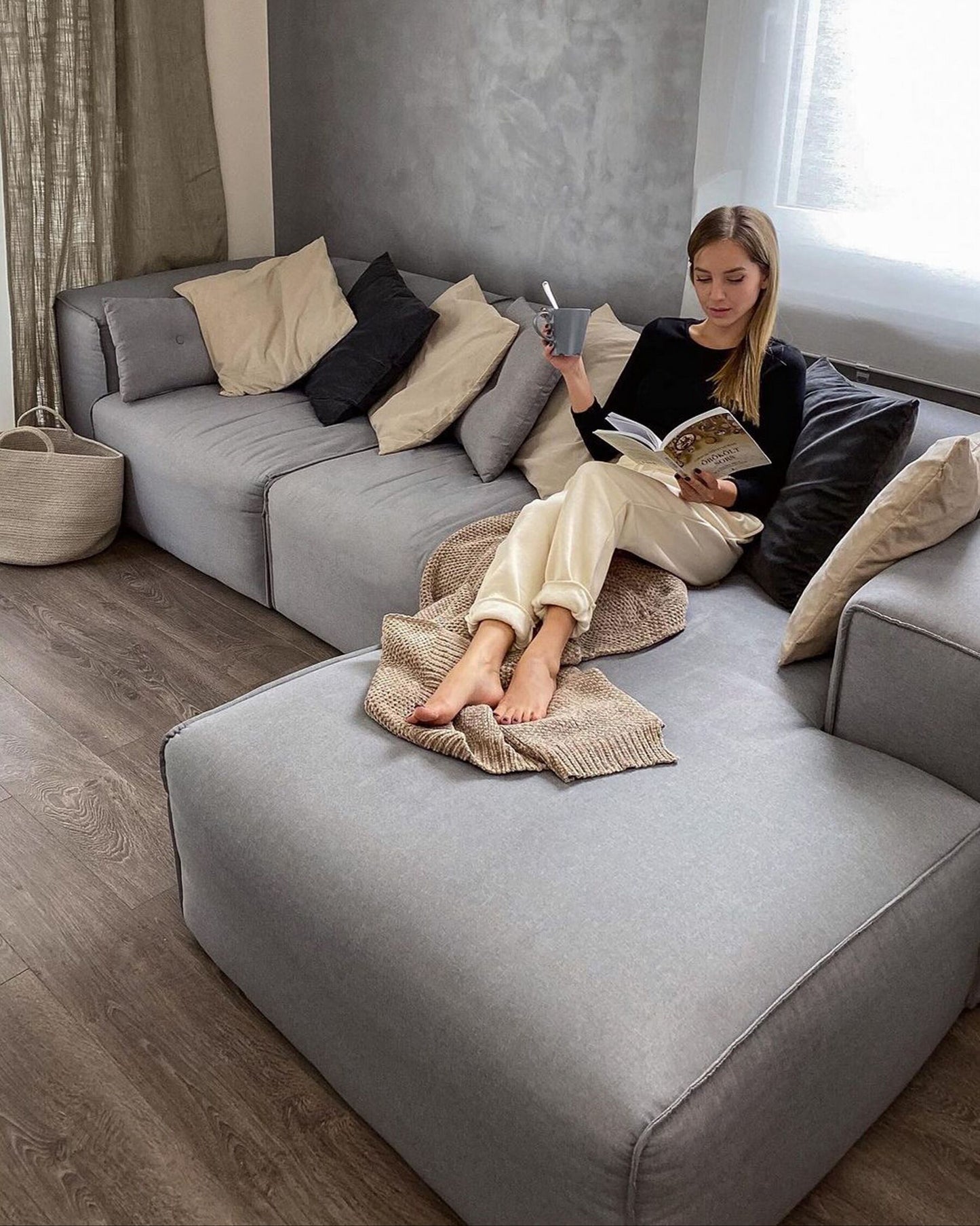 Left Hand Fabric Corner Sofa Light Grey DOLVA