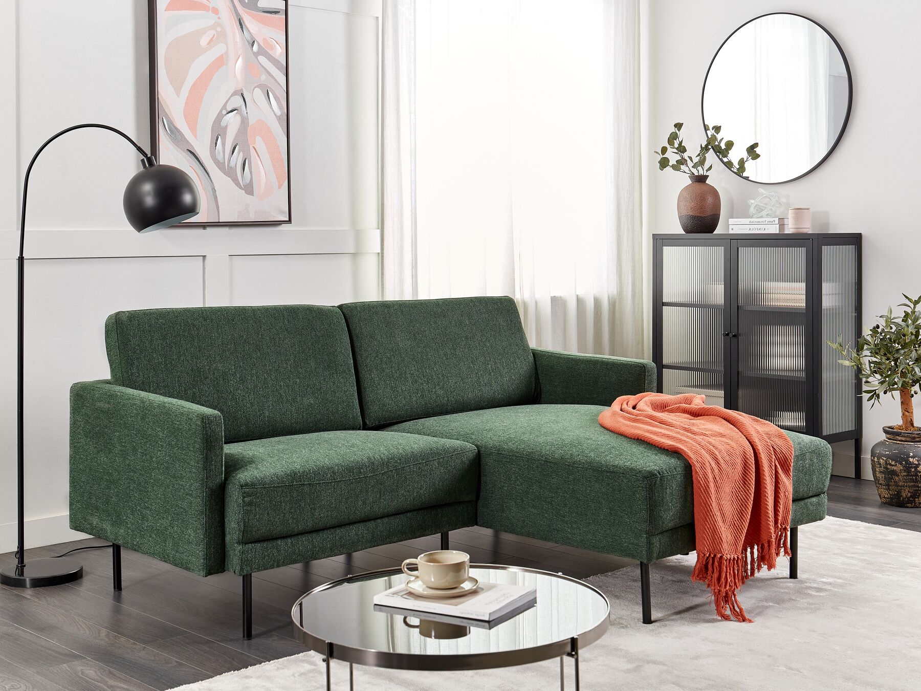 Left Hand 2 Seater Fabric Corner Sofa Dark Green BREDA