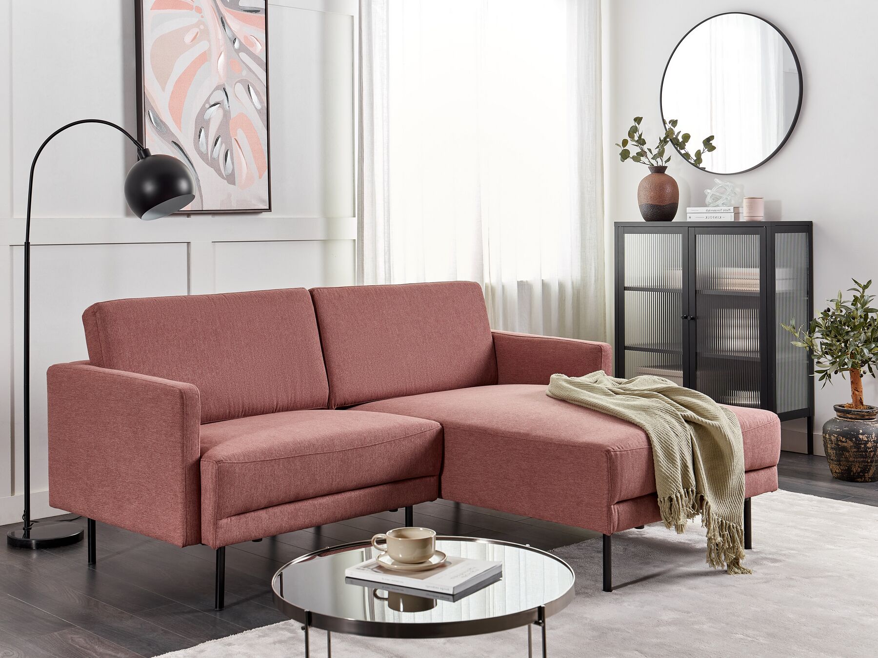 Left Hand 2 Seater Fabric Corner Sofa Pink BREDA