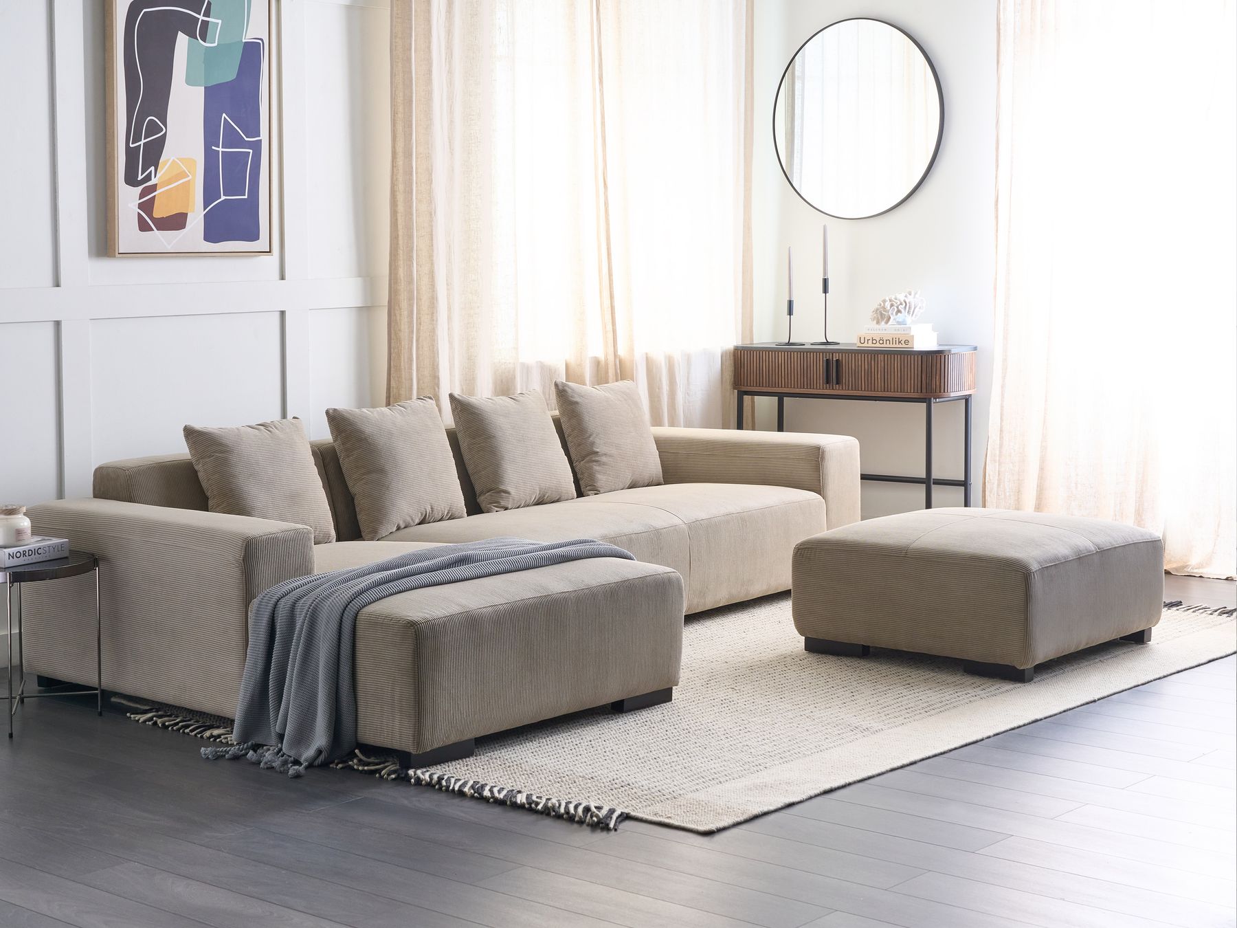 Right Hand Jumbo Cord Corner Sofa with Ottoman Beige LUNGO