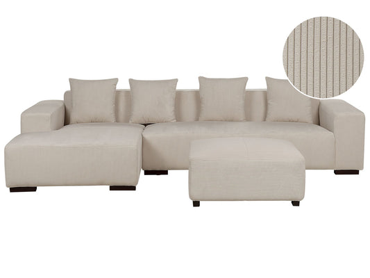 Right Hand Jumbo Cord Corner Sofa with Ottoman Beige LUNGO