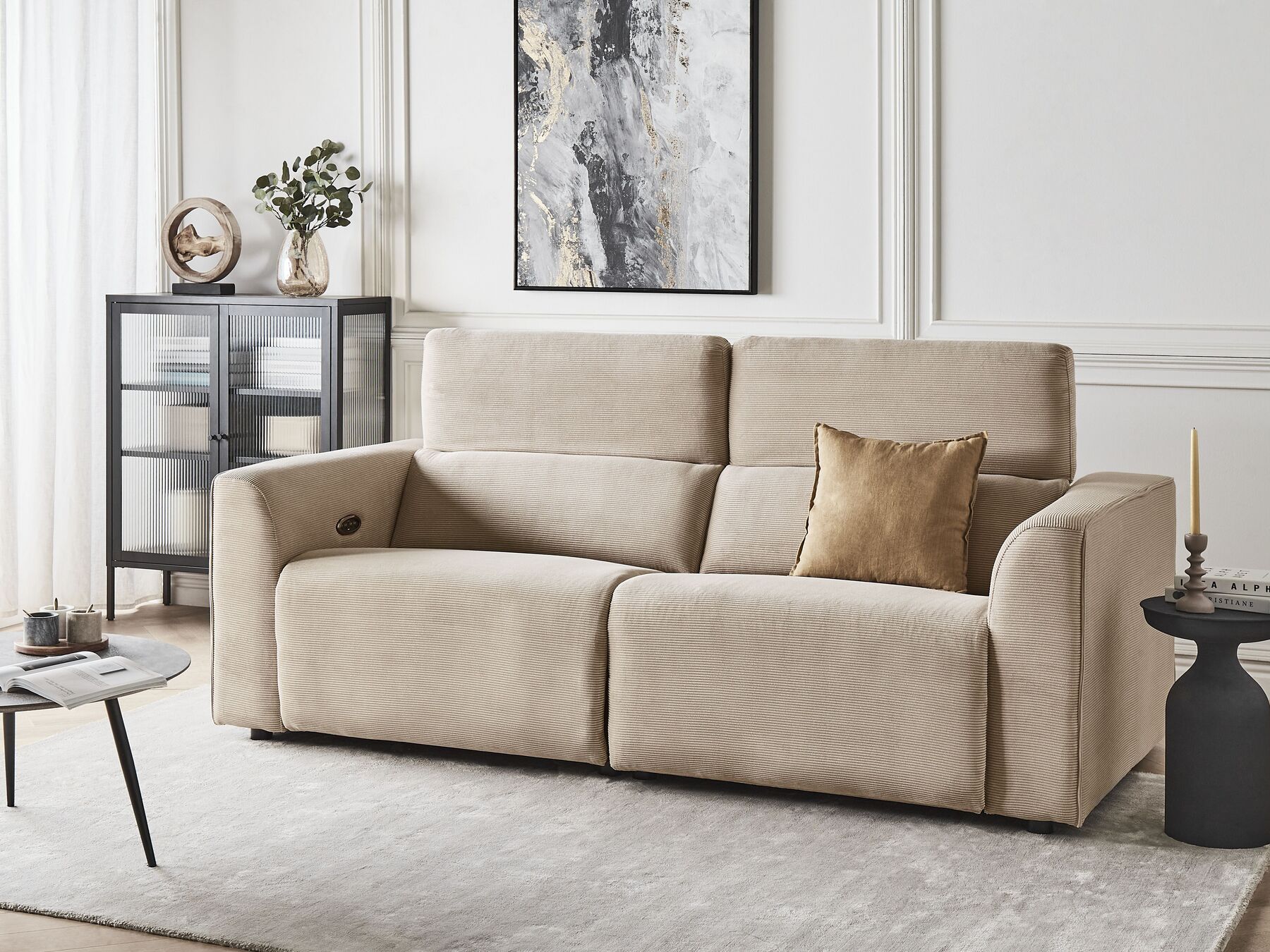 2 Seater Corduroy Electric Recliner Sofa with USB Port Sand Beige ULVEN