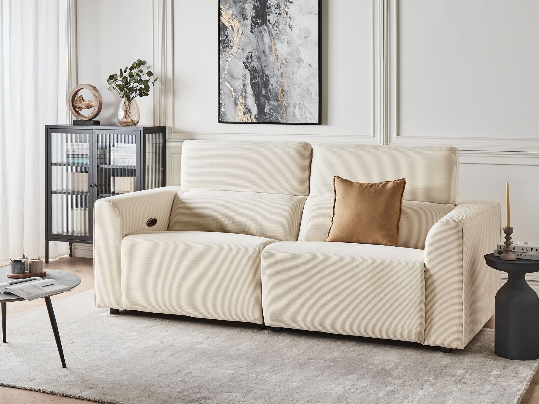 2 Seater Corduroy Electric Recliner Sofa with USB Port Beige ULVEN