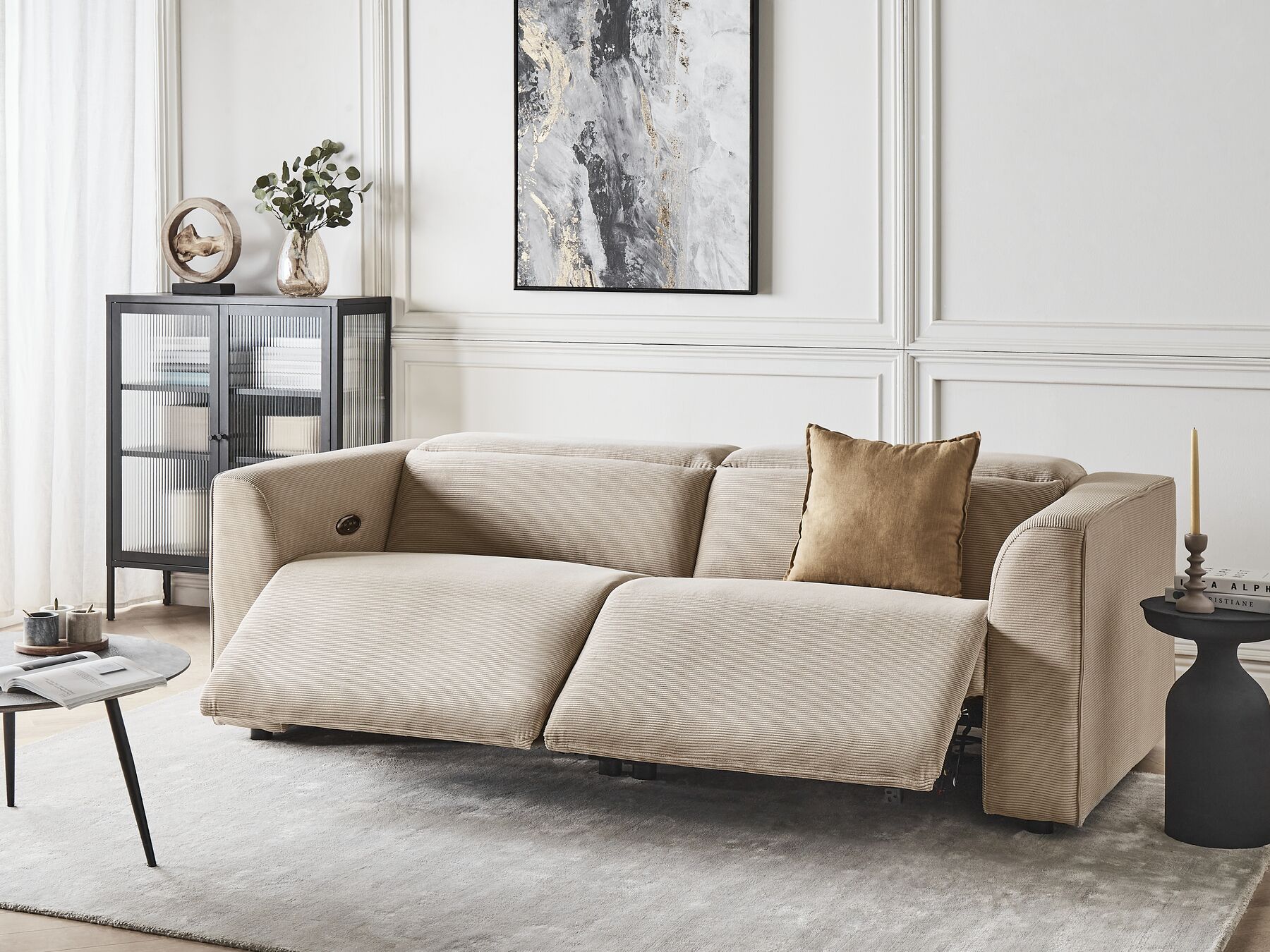 2 Seater Corduroy Electric Recliner Sofa with USB Port Sand Beige ULVEN