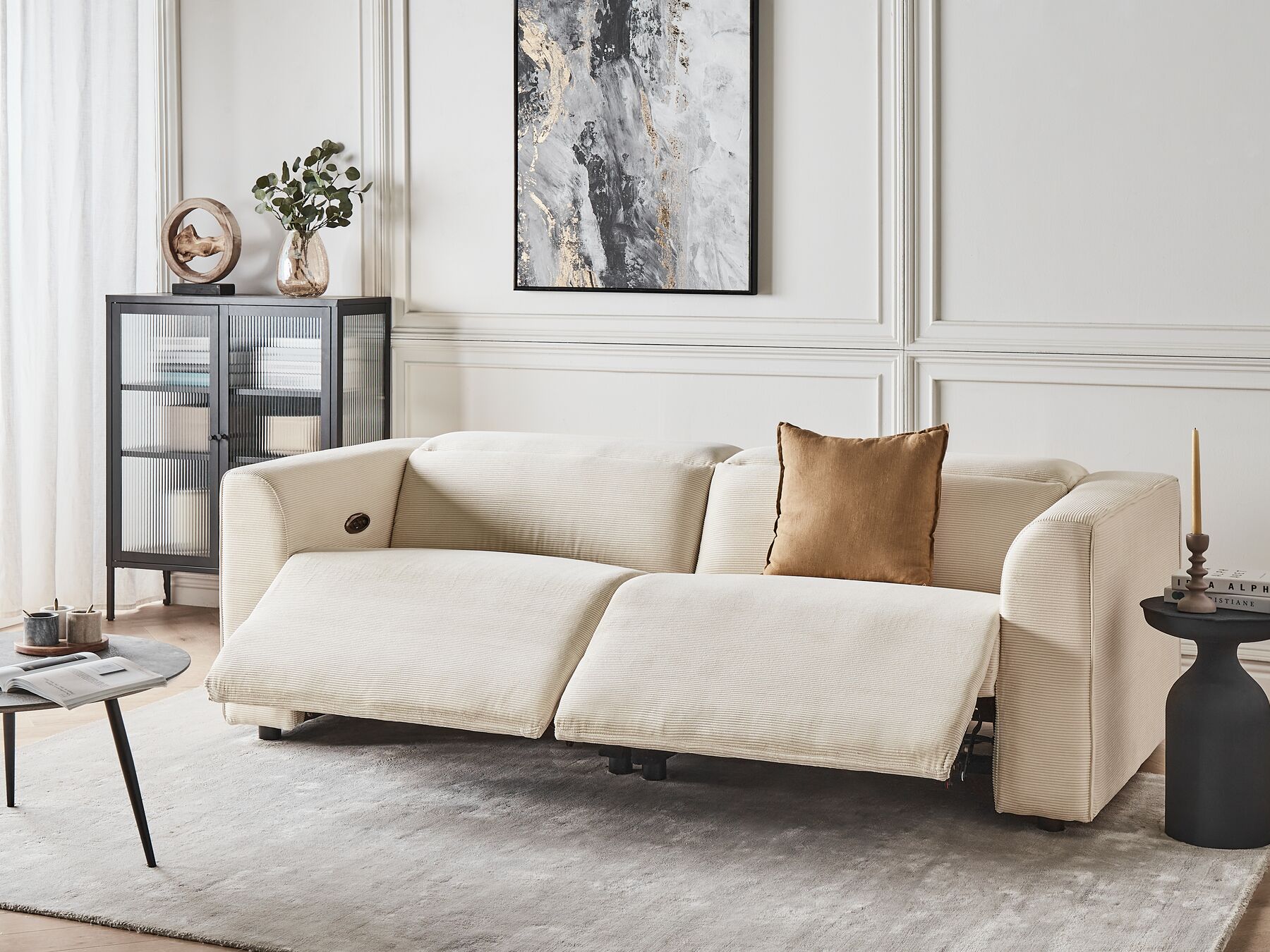 2 Seater Corduroy Electric Recliner Sofa with USB Port Beige ULVEN