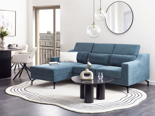 Right Hand Fabric Corner Sofa Blue GLOSLI