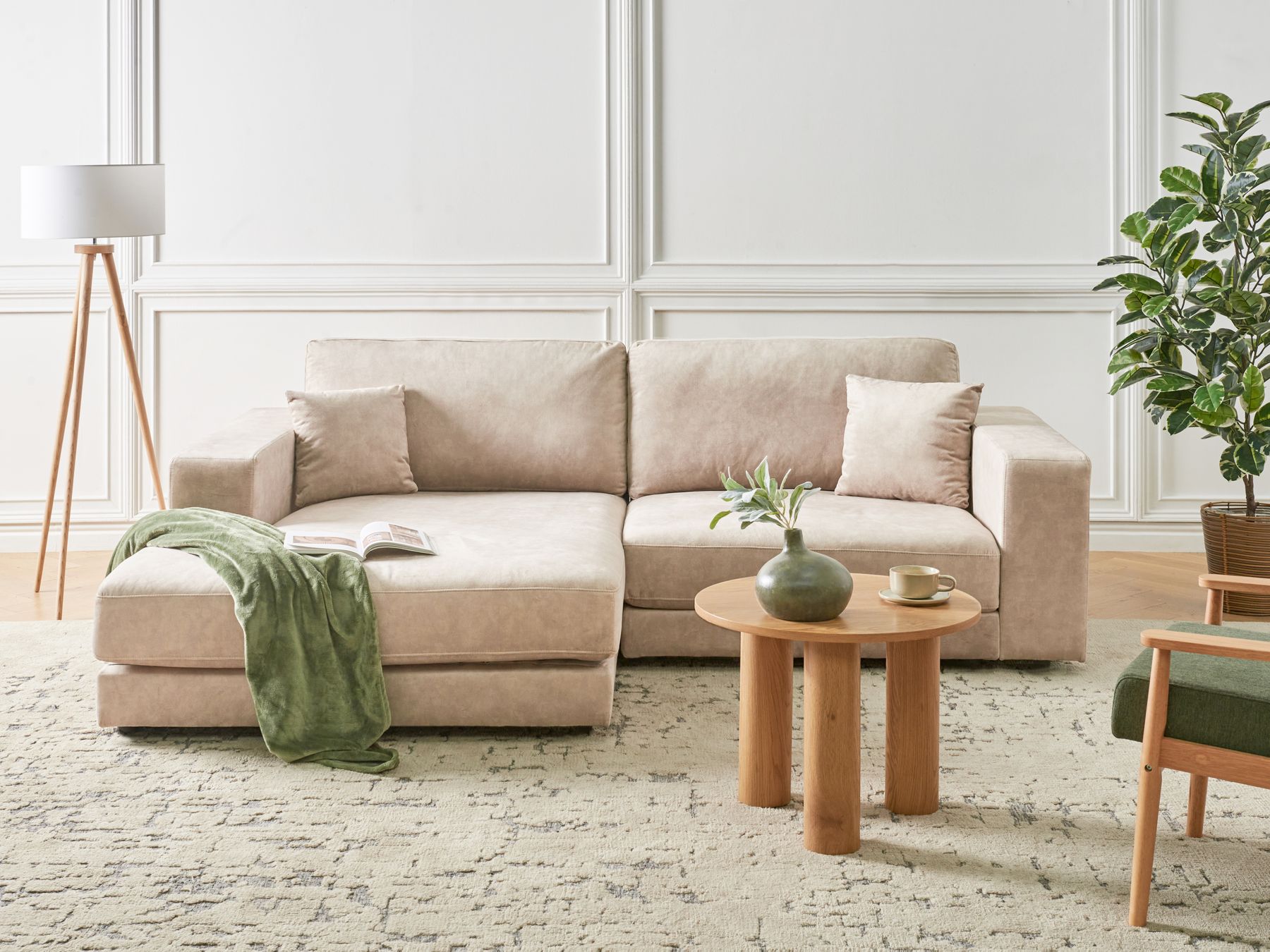 Right Hand 3 Seater Velvet Corner Sofa Beige LOFOTEN