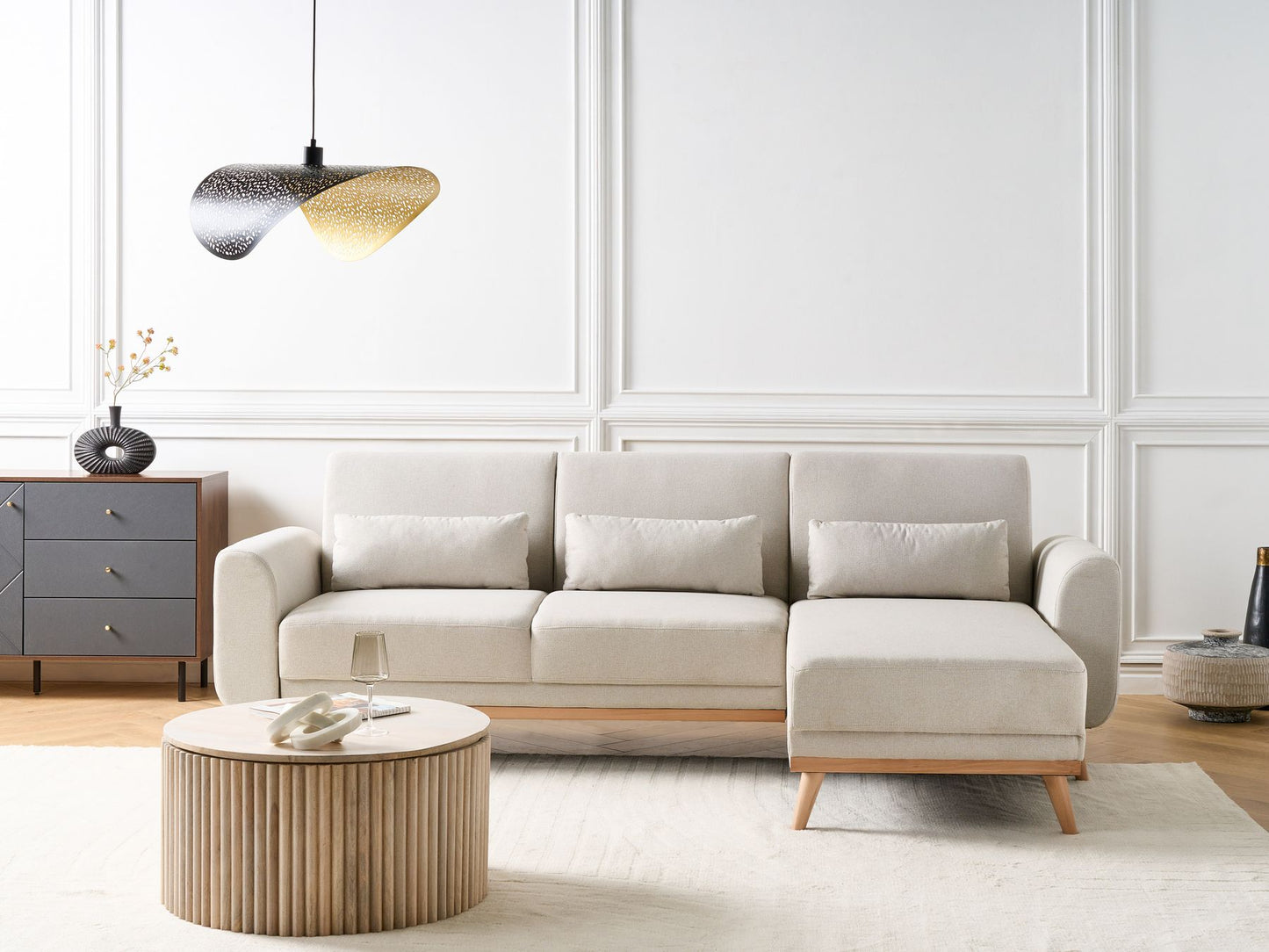 Left Hand Fabric Corner Sofa Bed Light Beige OLLSTA