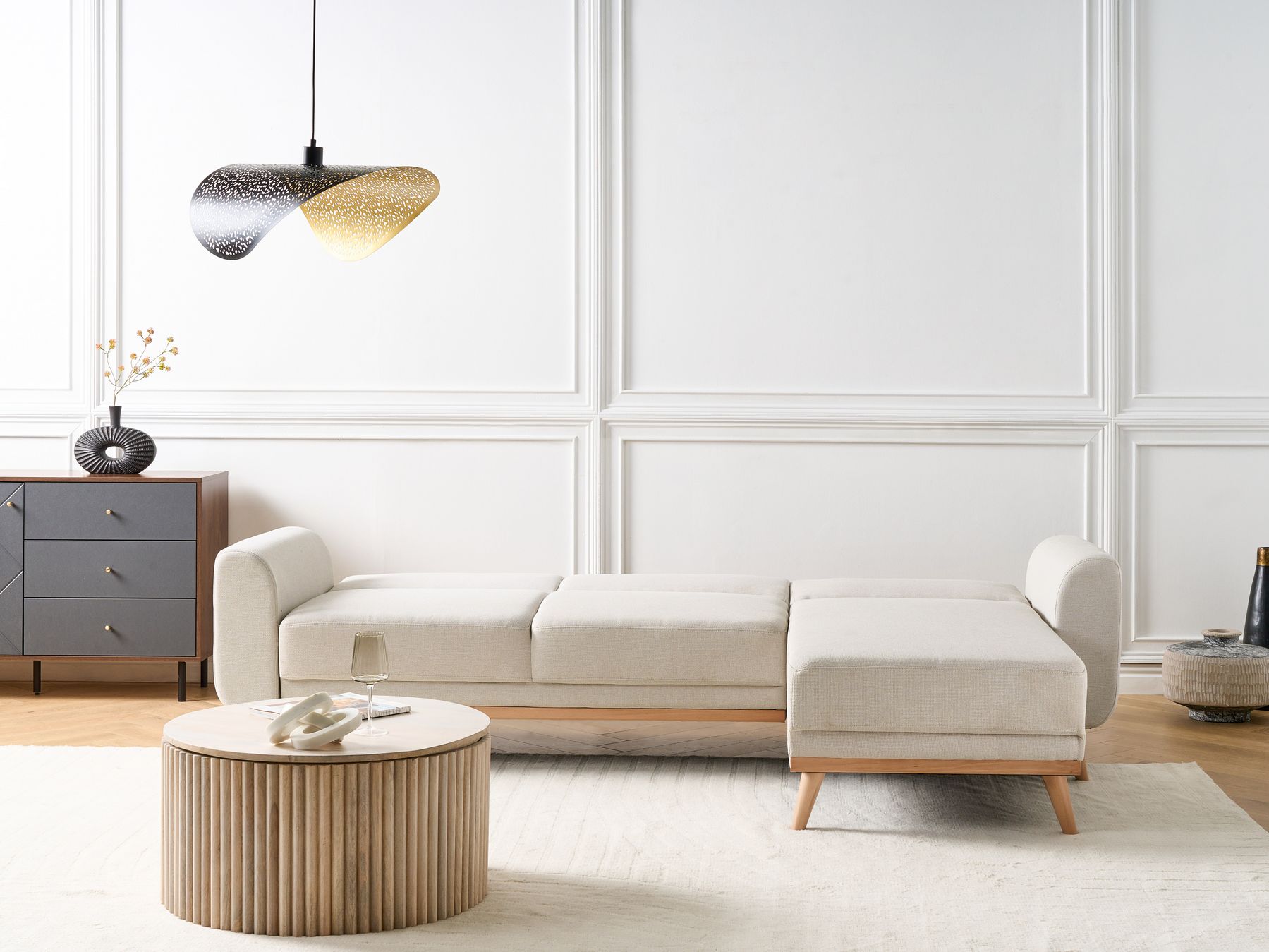 Left Hand Fabric Corner Sofa Bed Light Beige OLLSTA