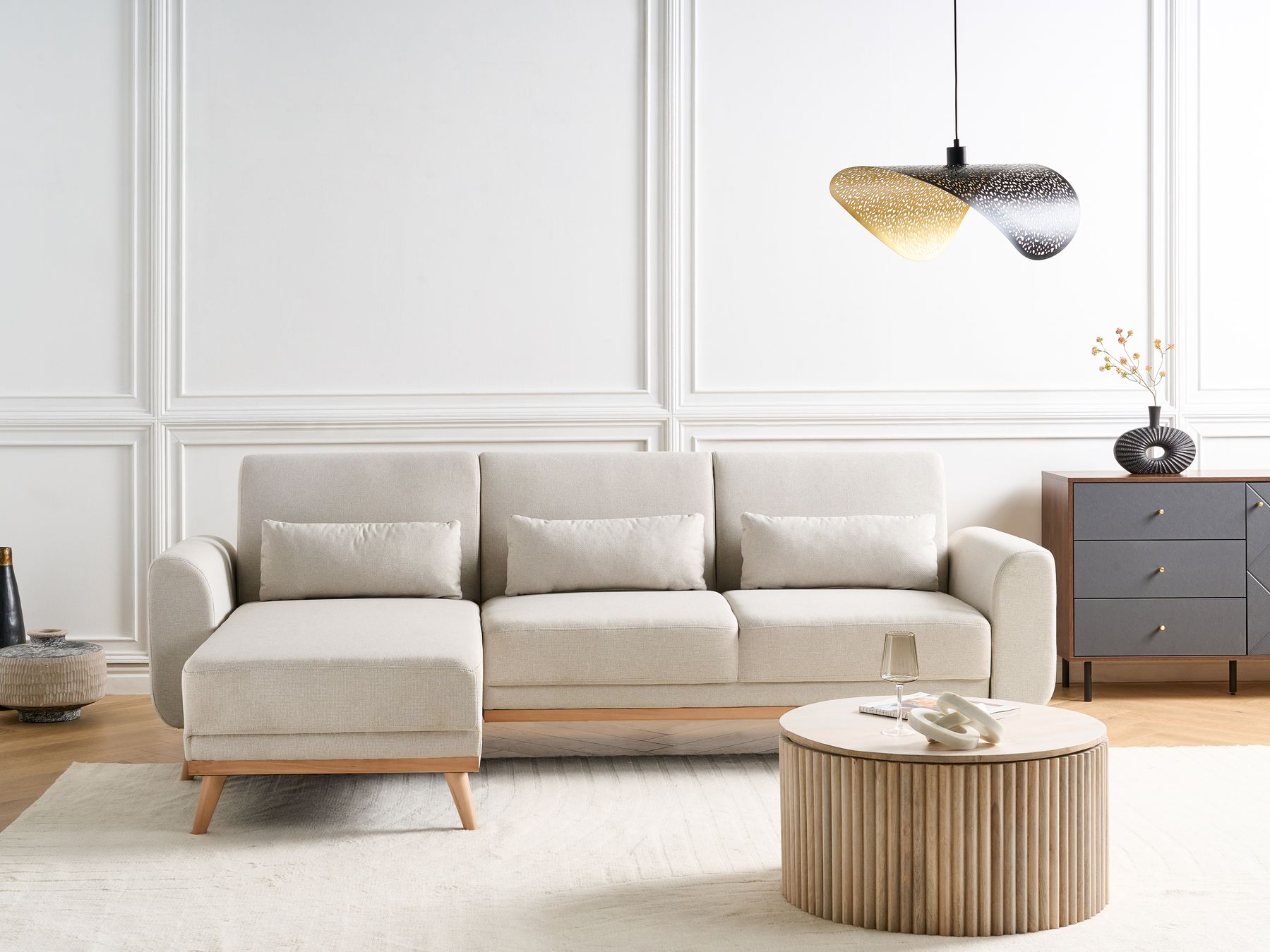 Right Hand Fabric Corner Sofa Bed Light Beige OLLSTA
