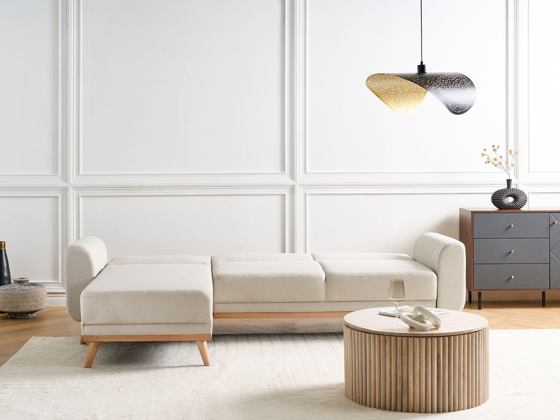 Right Hand Fabric Corner Sofa Bed Light Beige OLLSTA