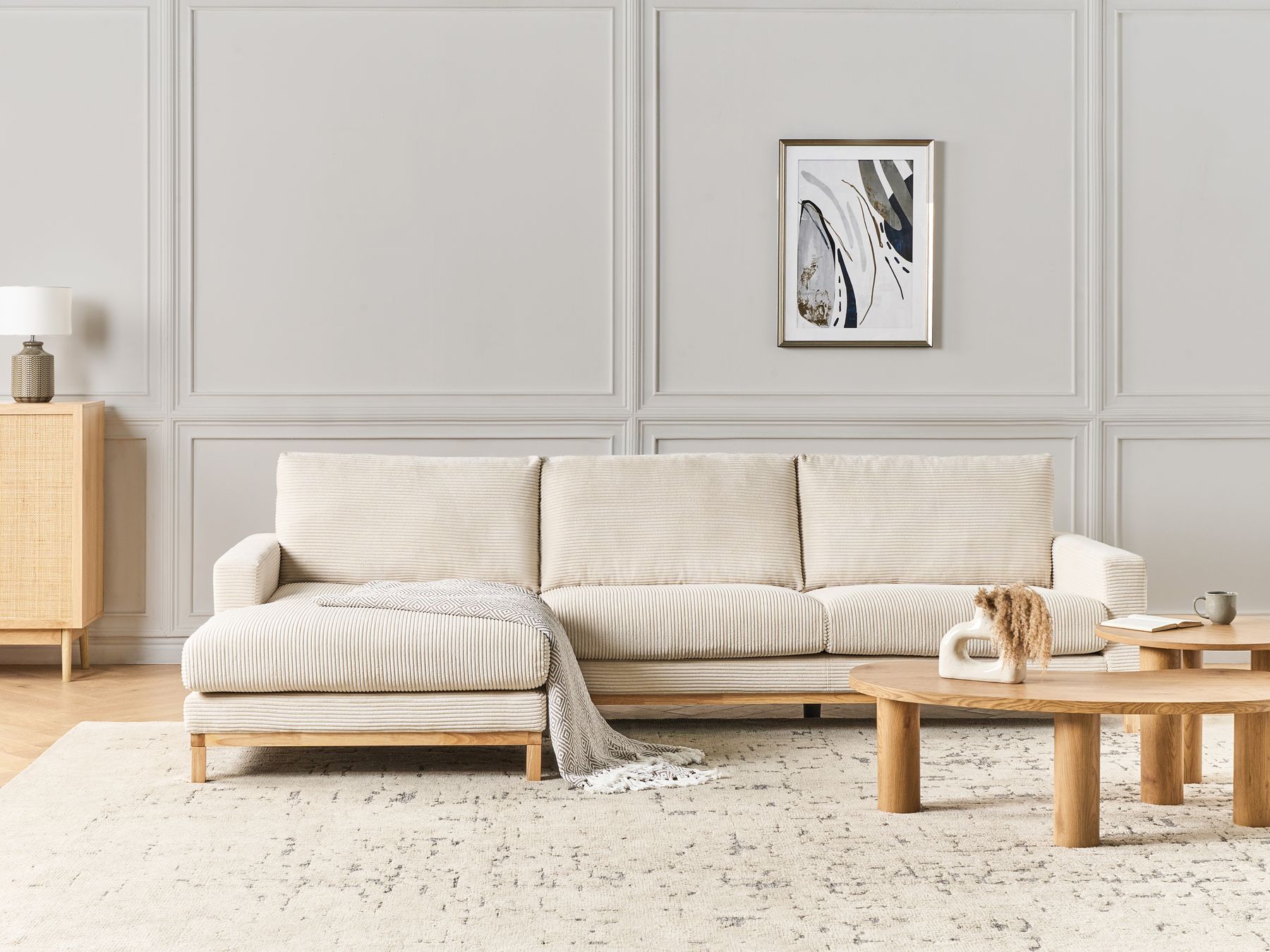 Right Hand Jumbo Cord Corner Sofa Light Beige SIGGARD