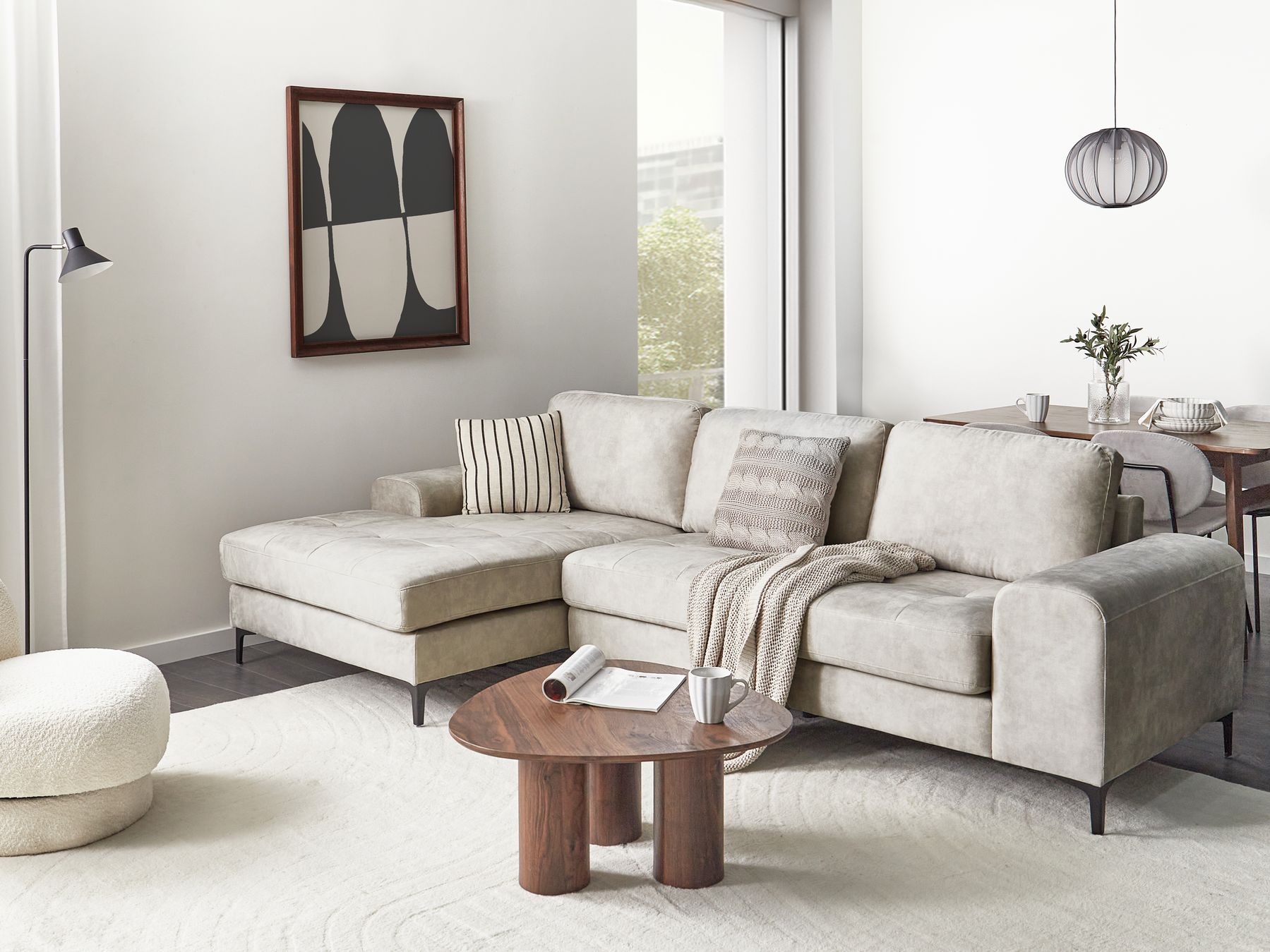 Right Hand Velvet Corner Sofa Light Beige KIRUNA