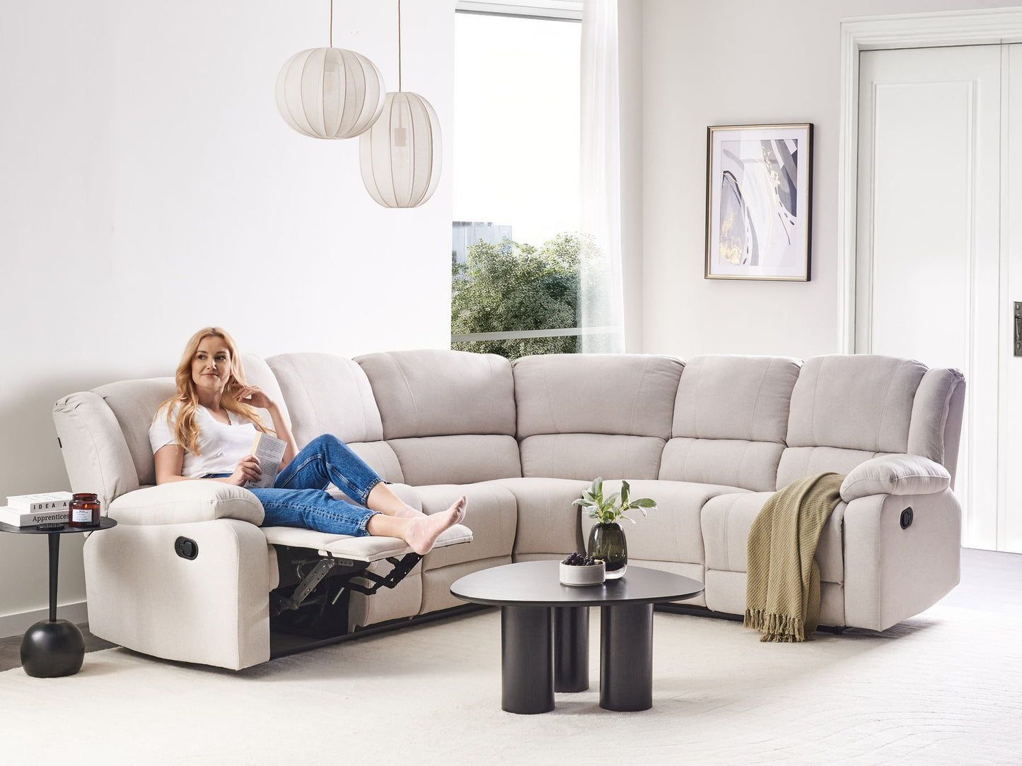 Corner Fabric Manual Recliner Sofa Light Beige ROKKE