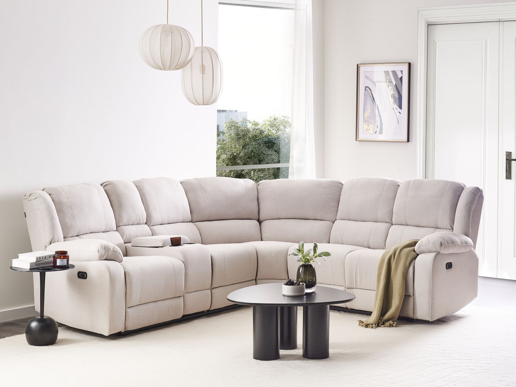 Corner Fabric Electric Recliner Sofa with USB Port Light Beige ROKKE