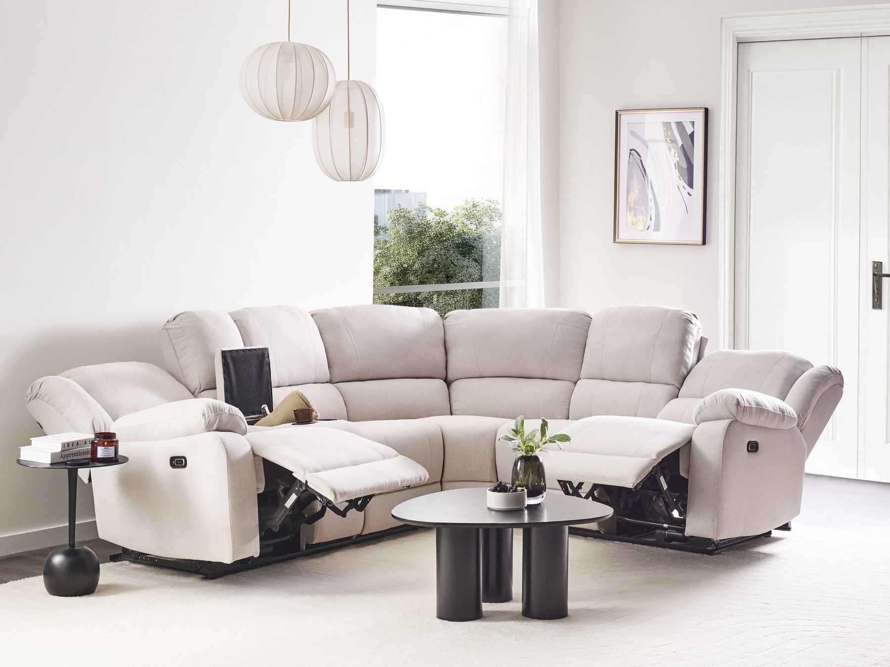 Corner Fabric Electric Recliner Sofa with USB Port Light Beige ROKKE