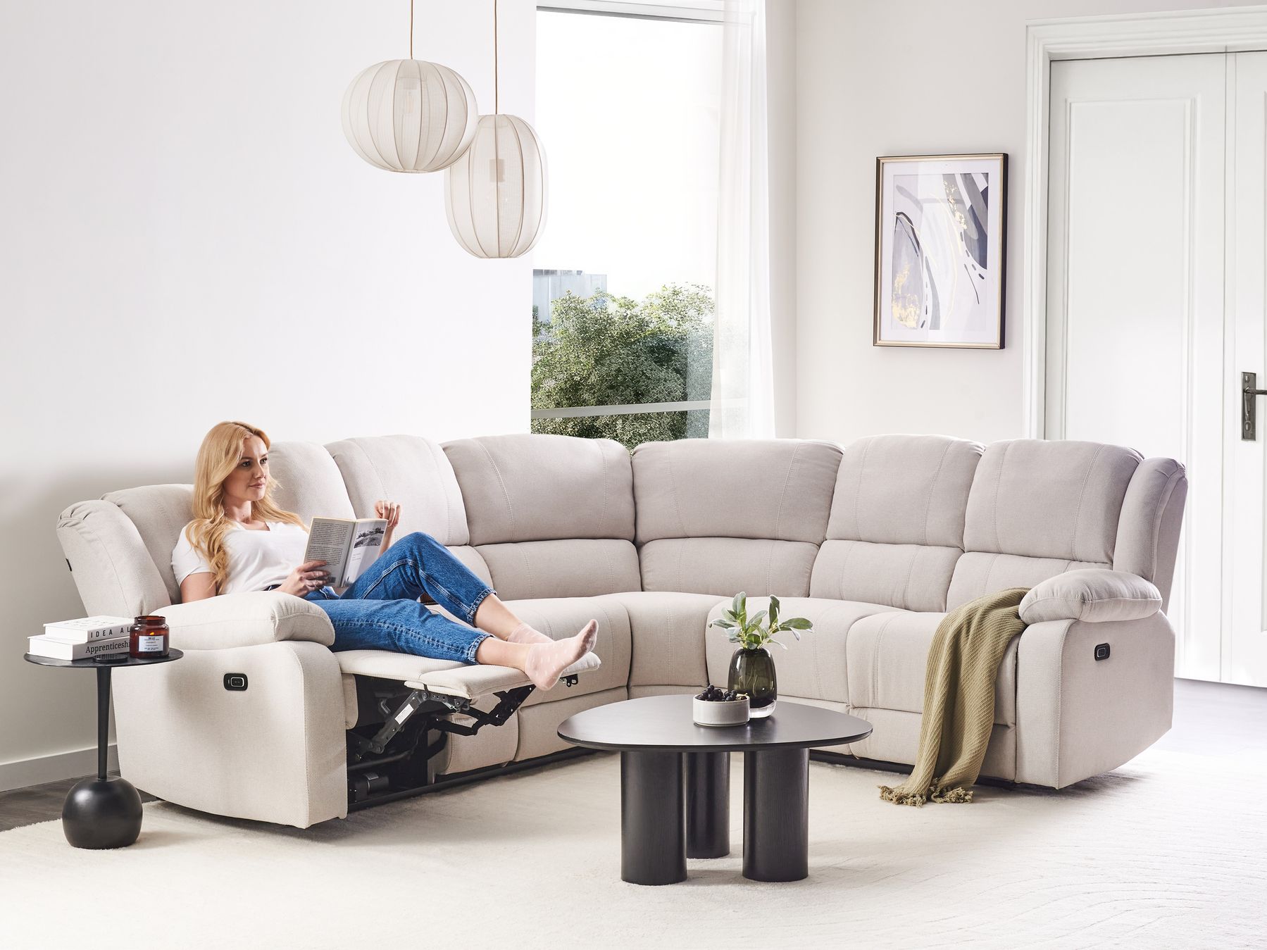 Corner Fabric Electric Recliner Sofa with USB Port Light Beige ROKKE
