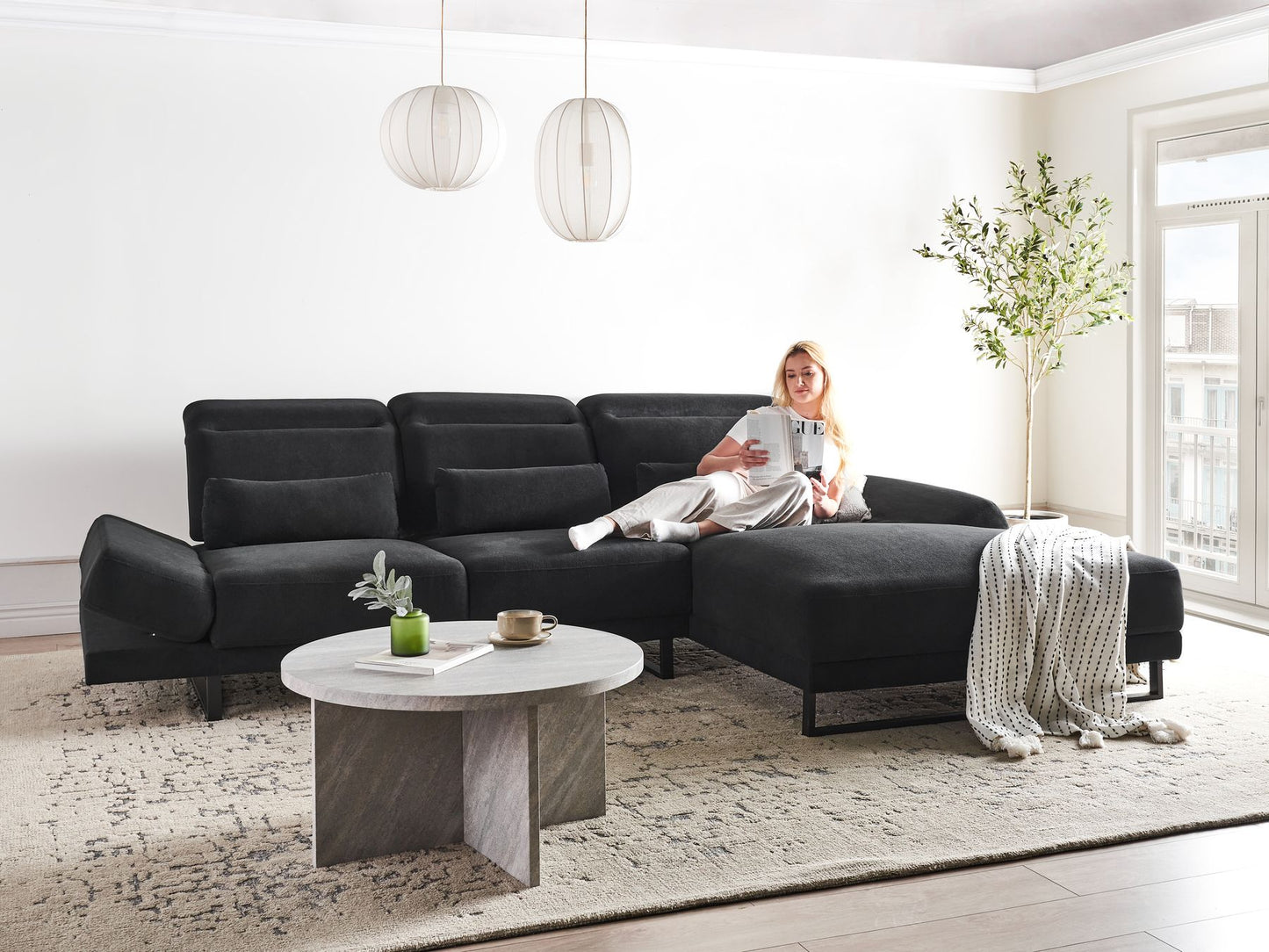 Left Hand Fabric Corner Sofa Black IKAST
