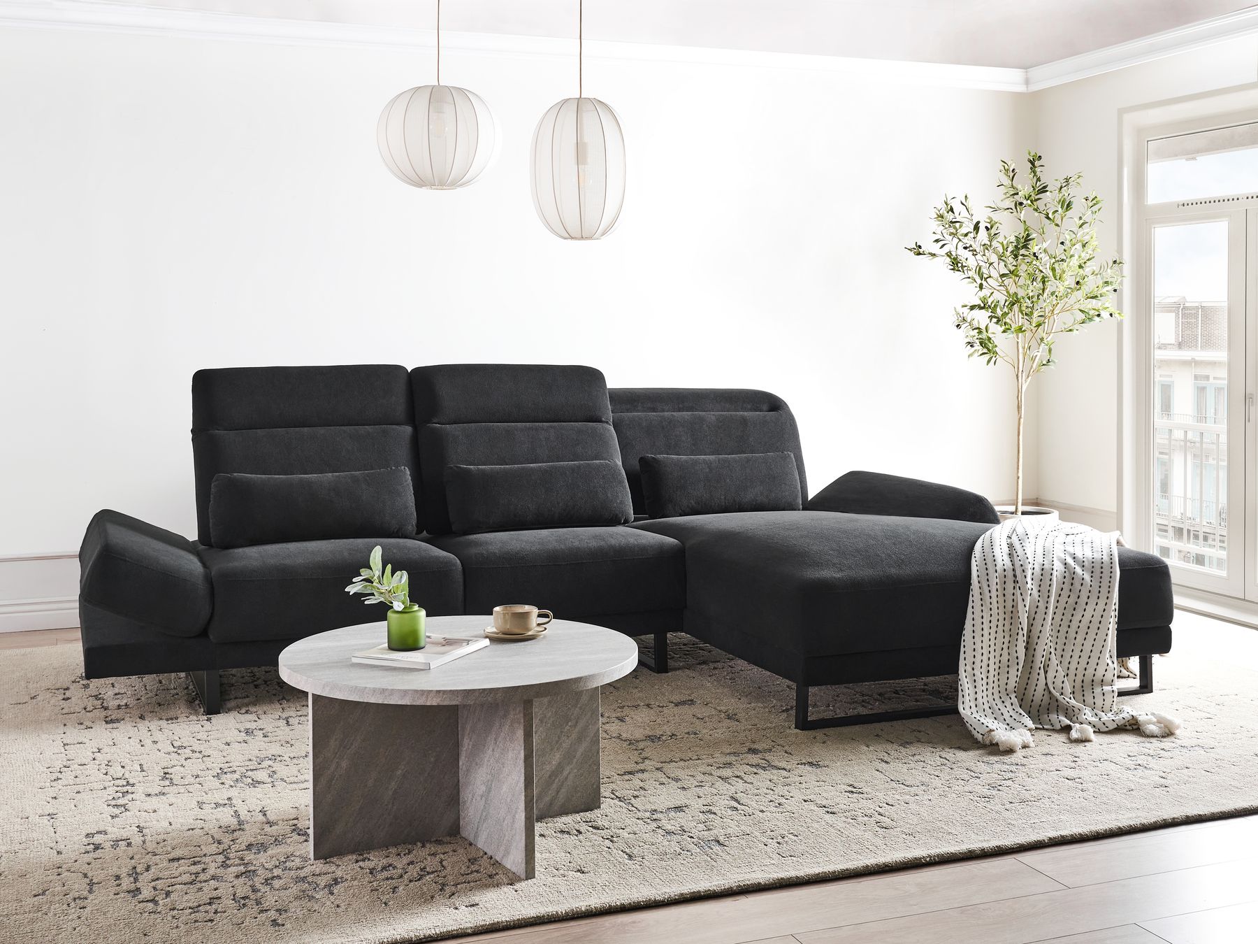 Left Hand Fabric Corner Sofa Black IKAST
