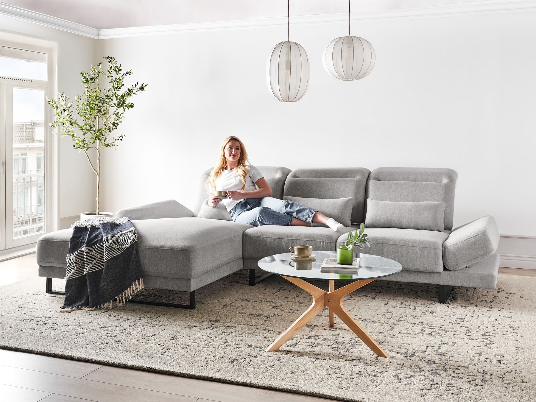 Right Hand Fabric Corner Sofa Light Grey IKAST