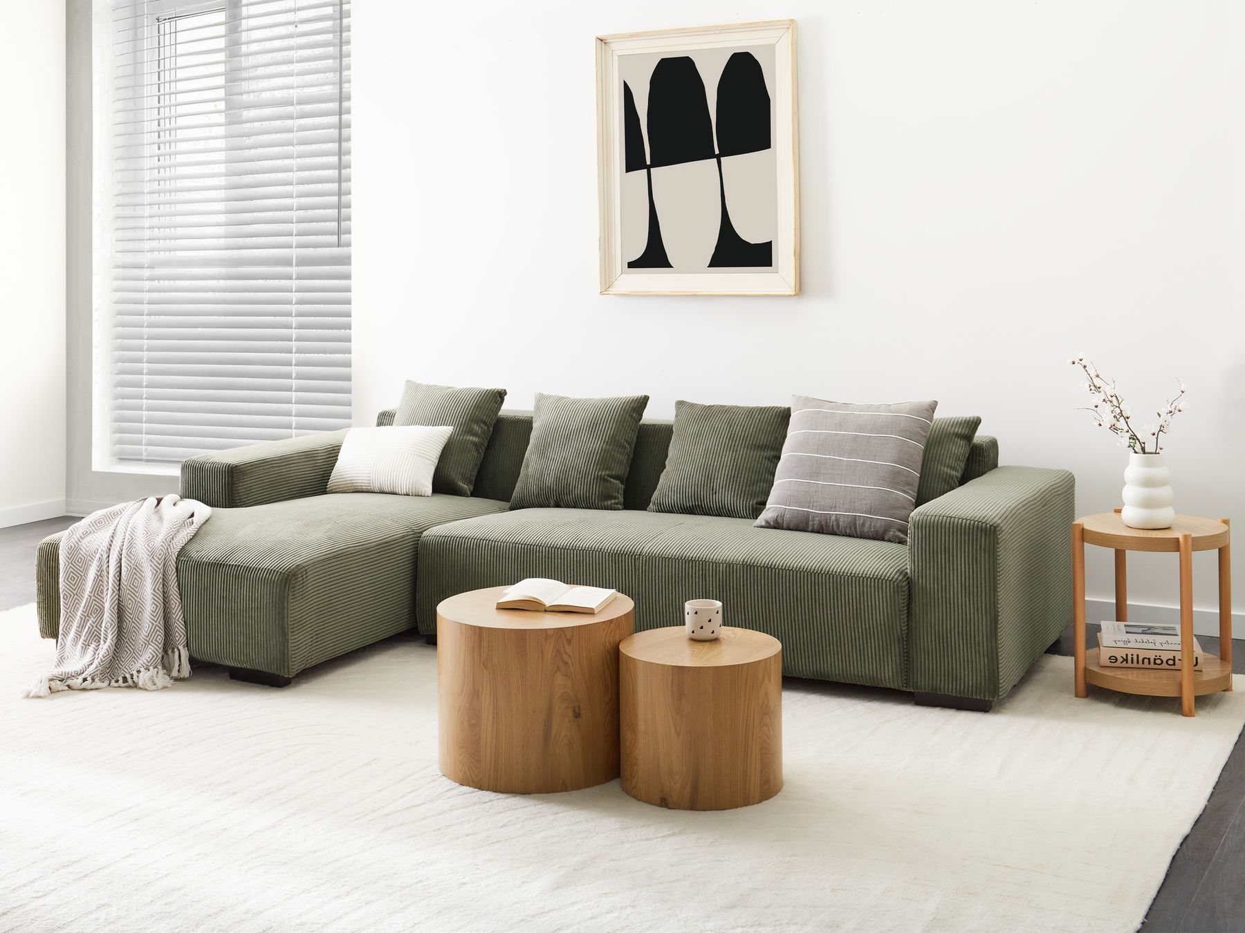 Right Hand Jumbo Cord Corner Sofa Green LUNGO