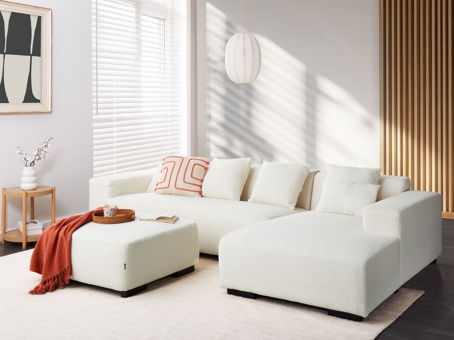 Left Hand Boucle Corner Sofa with Ottoman White LUNGO