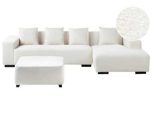 Left Hand Boucle Corner Sofa with Ottoman White LUNGO