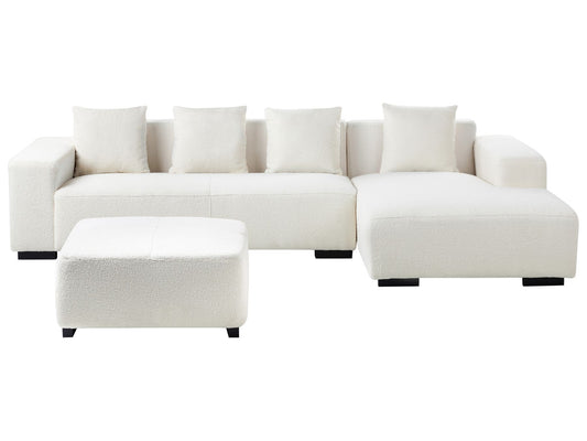 Left Hand Boucle Corner Sofa with Ottoman White LUNGO