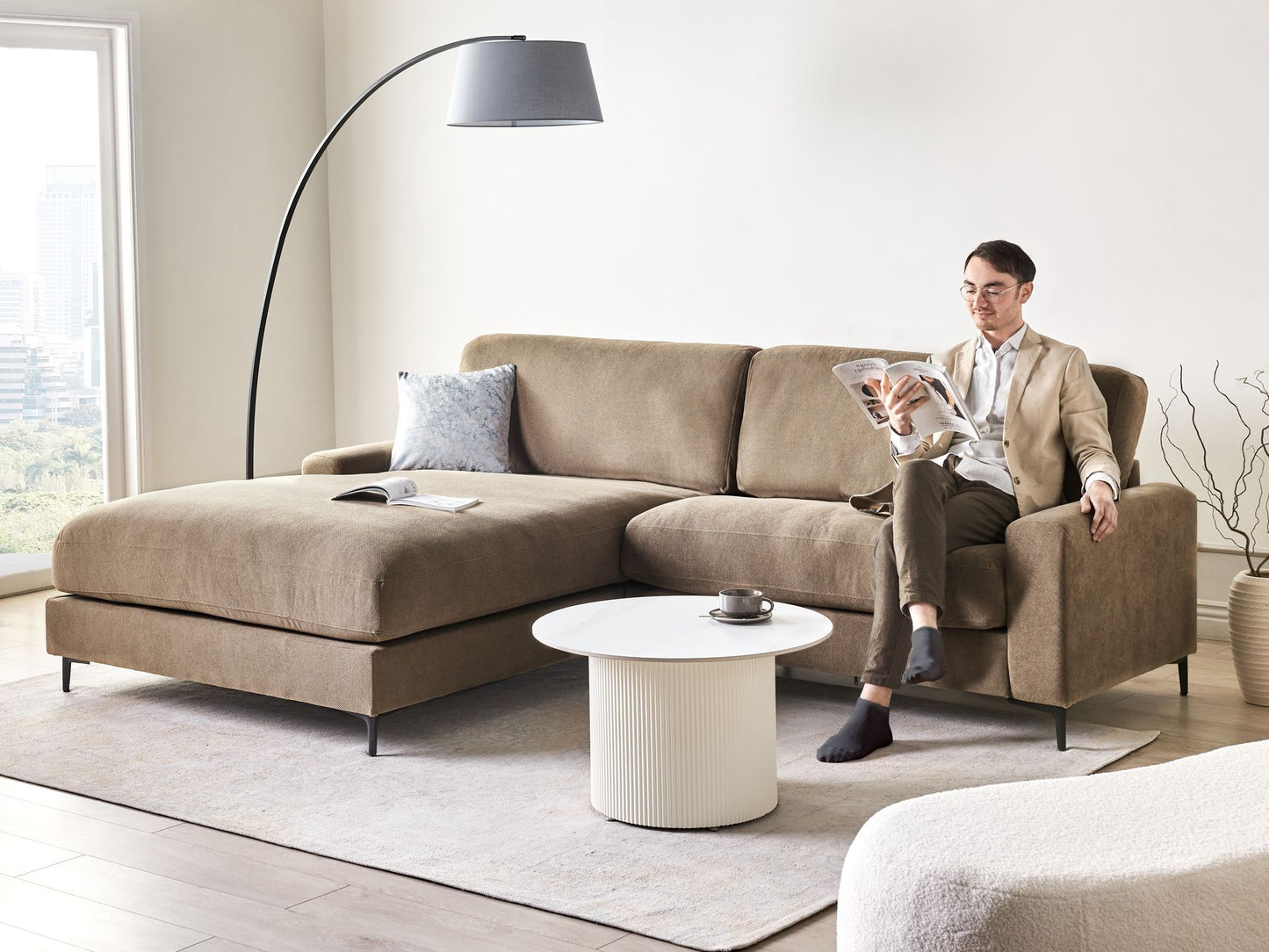 Right Hand Fabric Corner Sofa Brown MALOY