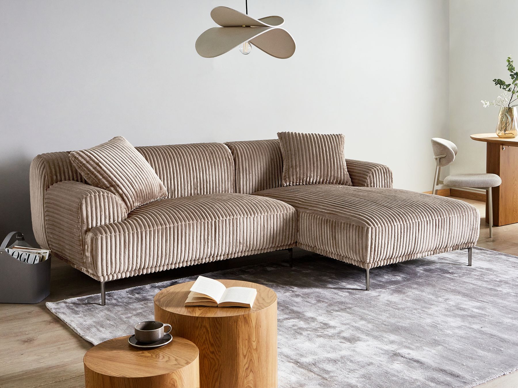 Left Hand Jumbo Cord Corner Sofa Light Brown STENUM
