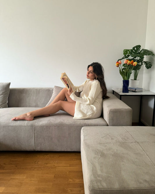Right Hand Jumbo Cord Corner Sofa with Ottoman Beige LUNGO