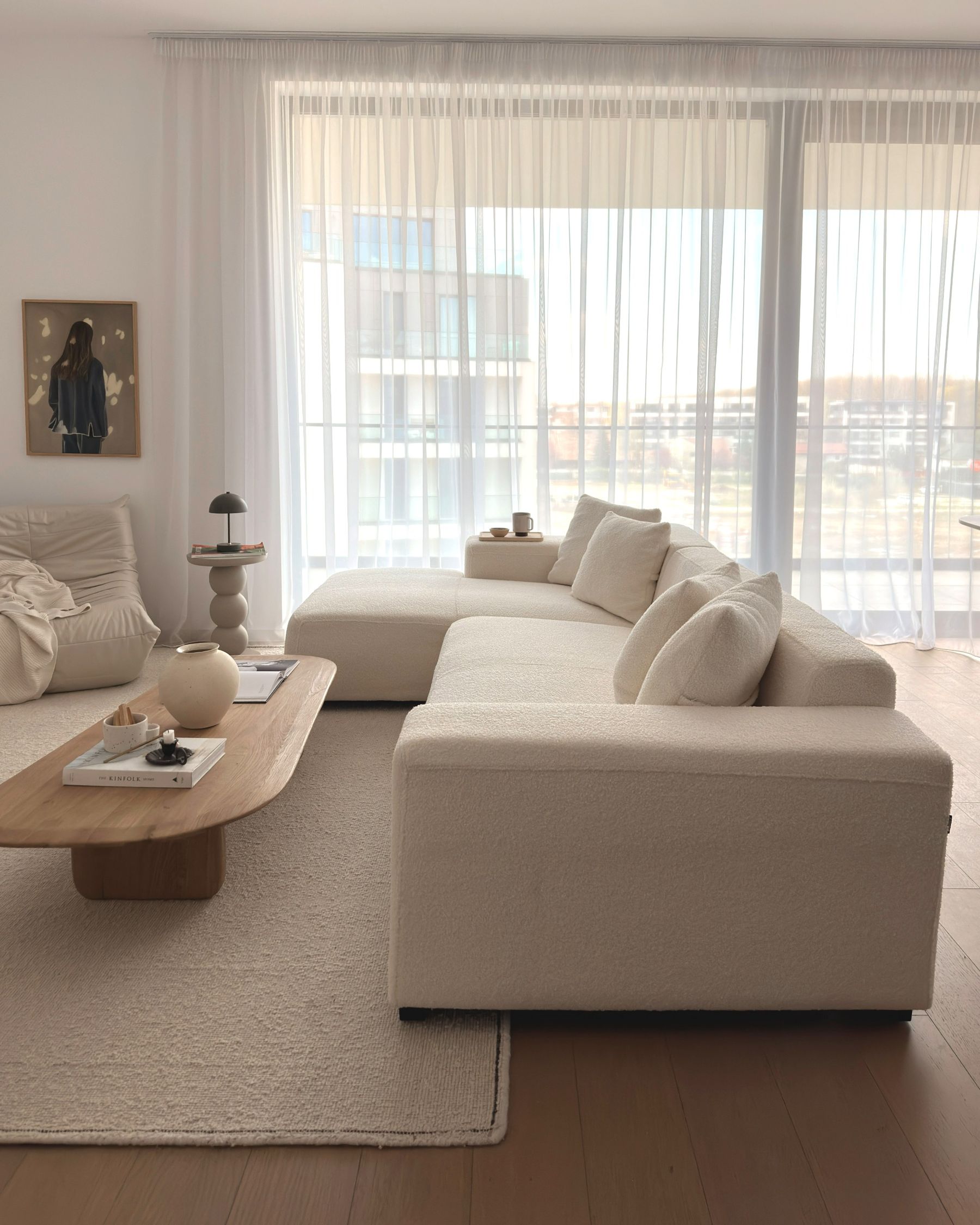 Right Hand Jumbo Cord Corner Sofa with Ottoman Off-White LUNGO